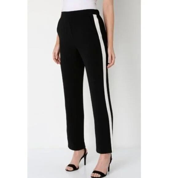 ZARA Basic Black White Beige Side Stripe Straight Leg Ankle Trouser Pant L #3382 - Picture 1 of 15